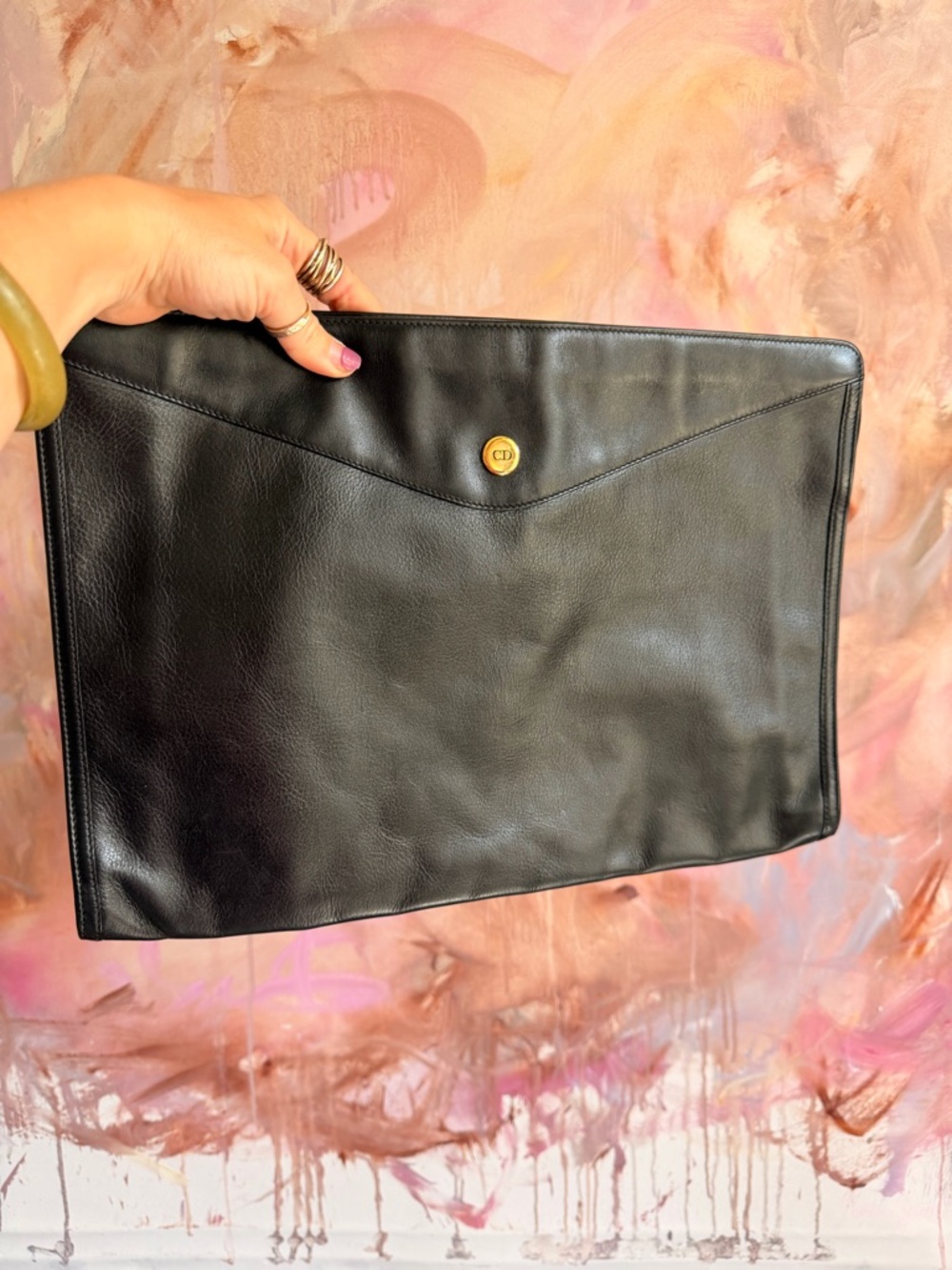 Vintage Christian Dior Leather Laptop Sleeve Clutch with Gold Logo Accent